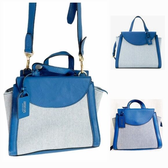 🔥Kate Spade Saturday Blue "The Large A" Leather/Canvas Satchel/Crossbody Purse - Picture 1 of 15